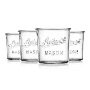 Glaver's Embossed Vintage Drinking Glasses Set of 4 Authentic Mason Vintage Glassware - 12 oz. Clear Glass Tumblers for Cocktails, Water, and Juice.