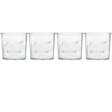 Glaver's Embossed Vintage Drinking Glasses Set of 4 Authentic Mason Vintage Glassware - 12 oz. Clear Glass Tumblers for Cocktails, Water, and Juice.