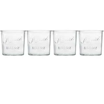 Glaver's Embossed Vintage Drinking Glasses Set of 4 Authentic Mason Vintage Glassware - 12 oz. Clear Glass Tumblers for Cocktails, Water, and Juice.
