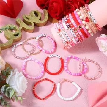 40 Pcs Surfer Heishi Bracelets Colorful Friendship Adjustable Clay Bead Bracelets Festive Stretch Jewelry for Women (Heart)
