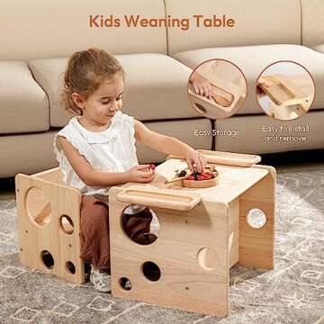 Woodtoe Kids Table and Chair Set, Montessori Weaning Table and Chair Set for Toddler, Natural Solid Wooden Activity Table Cube Chair for Drawing Reading, Montessori Playroom Furniture for Children