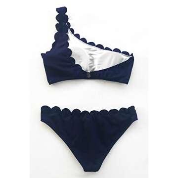 CUPSHE Women’s Swimsuit Solid Color Wavy Edge One Shoulder Bikini Set Beach Swimwear Bathing Suit Navy Blue, S
