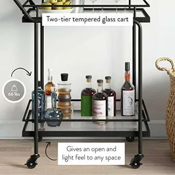 Nathan James Sally Rolling Bar or Cart for Tea or Cocktail, 2-Tiered Glass and Metal, Black