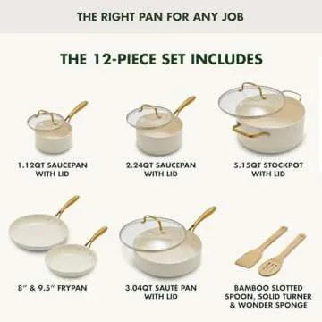 GreenPan Swift 12 Piece Cookware Pot and Pans Set, PFAS & PFOA-Free Healthy Ceramic Nonstick, Gold Stainless Steel Handle, Versatile Cooking Essentials, Dishwasher & Oven Safe, Cream