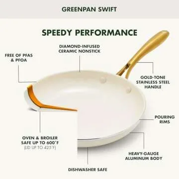 GreenPan Swift 12 Piece Cookware Pot and Pans Set, PFAS & PFOA-Free Healthy Ceramic Nonstick, Gold Stainless Steel Handle, Versatile Cooking Essentials, Dishwasher & Oven Safe, Cream