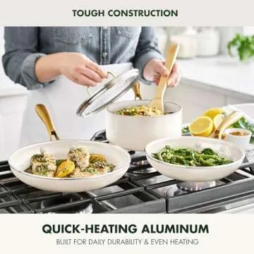 GreenPan Swift 12 Piece Cookware Pot and Pans Set, PFAS & PFOA-Free Healthy Ceramic Nonstick, Gold Stainless Steel Handle, Versatile Cooking Essentials, Dishwasher & Oven Safe, Cream