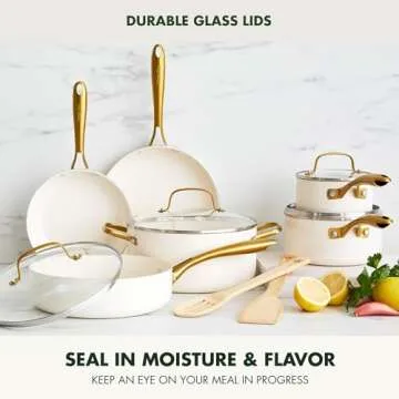 GreenPan Swift 12 Piece Cookware Pot and Pans Set, PFAS & PFOA-Free Healthy Ceramic Nonstick, Gold Stainless Steel Handle, Versatile Cooking Essentials, Dishwasher & Oven Safe, Cream