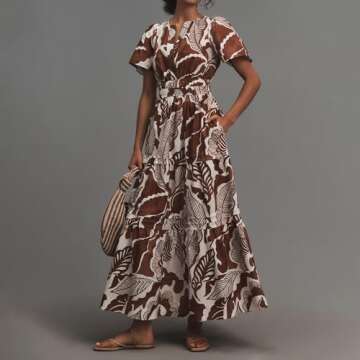 Womens 2024 Summer Maxi Dress Silhouette A-line Dress Bohemian V-Neck Pleated Puffy Sleeves Brown Pr...