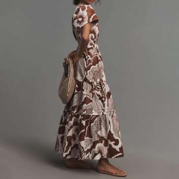 Womens 2024 Summer Maxi Dress Silhouette A-line Dress Bohemian V-Neck Pleated Puffy Sleeves Brown Print Casual Dress