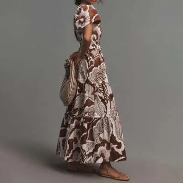 Womens 2024 Summer Maxi Dress Silhouette A-line Dress Bohemian V-Neck Pleated Puffy Sleeves Brown Print Casual Dress