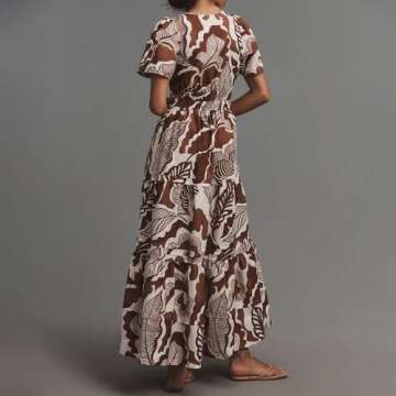 Womens 2024 Summer Maxi Dress Silhouette A-line Dress Bohemian V-Neck Pleated Puffy Sleeves Brown Print Casual Dress
