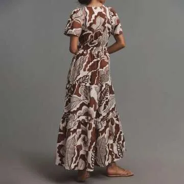 Womens 2024 Summer Maxi Dress Silhouette A-line Dress Bohemian V-Neck Pleated Puffy Sleeves Brown Print Casual Dress