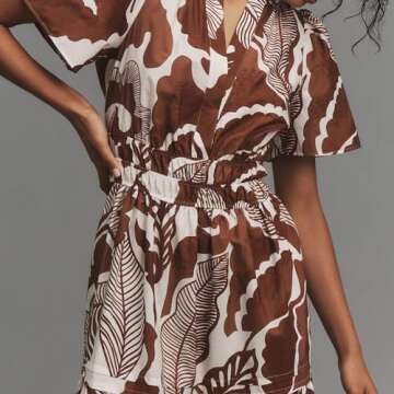 Womens 2024 Summer Maxi Dress Silhouette A-line Dress Bohemian V-Neck Pleated Puffy Sleeves Brown Print Casual Dress