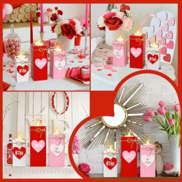CRCZK Valentine's Day Votive Candle Holders Set of 3 Wooden Tea Light Holders with Battery Operated LED Ideal for Tabletop Decorations & Centerpieces Romantic Elegant Design for Festive Ambiance