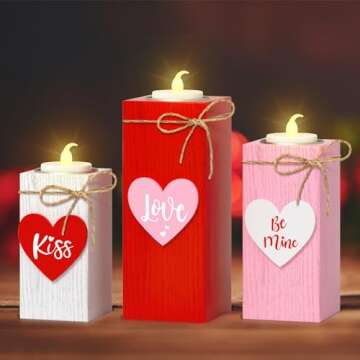 CRCZK Valentine's Day Votive Candle Holders Set of 3 Wooden Tea Light Holders with Battery Operated LED Ideal for Tabletop Decorations & Centerpieces Romantic Elegant Design for Festive Ambiance
