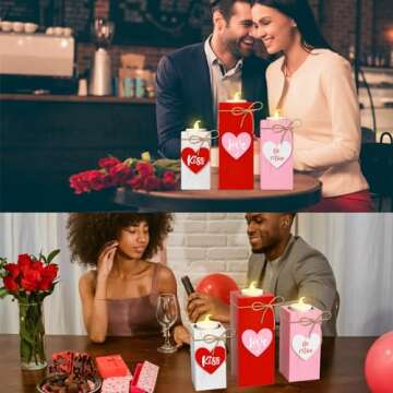 CRCZK Valentine's Day Votive Candle Holders Set of 3 Wooden Tea Light Holders with Battery Operated LED Ideal for Tabletop Decorations & Centerpieces Romantic Elegant Design for Festive Ambiance