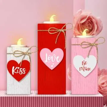 CRCZK Valentine's Day Votive Candle Holders Set of 3 Wooden Tea Light Holders with Battery Operated LED Ideal for Tabletop Decorations & Centerpieces Romantic Elegant Design for Festive Ambiance