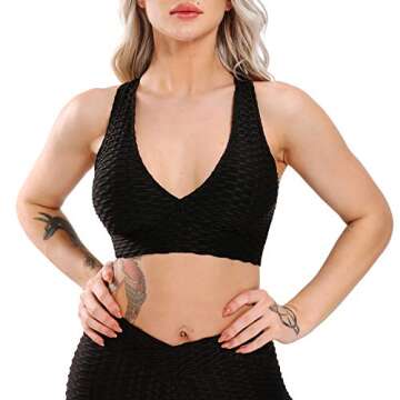 FITTOO Women Textured Fitness Sports Bras Crisscross Activewear Workout Yoga Tops Black S