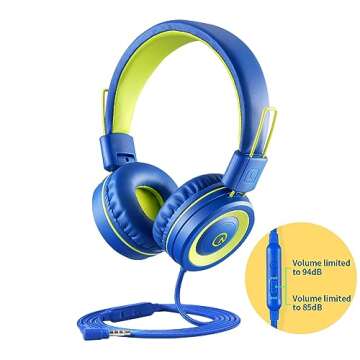 noot products Kids Headphones with Microphone K12 Stereo 5ft Long Cord with 85dB/94dB Volume Limit Wired On-Ear Headset for iPad/Amazon Kindle,Fire/Toddler/Boys/Girls/School(Blue/Lime)