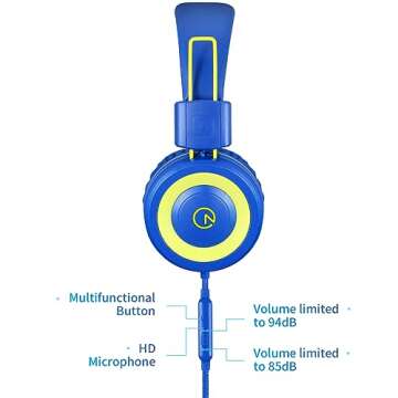 noot products Kids Headphones with Microphone K12 Stereo 5ft Long Cord with 85dB/94dB Volume Limit Wired On-Ear Headset for iPad/Amazon Kindle,Fire/Toddler/Boys/Girls/School(Blue/Lime)