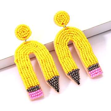 HZEYN Teacher Earrings Beaded Rainbow Pencil Drop Dangle Earrings Teacher Appreciation Gifts Back To Jewelry for Women(Yellow)