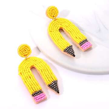 HZEYN Teacher Earrings Beaded Rainbow Pencil Drop Dangle Earrings Teacher Appreciation Gifts Back To Jewelry for Women(Yellow)