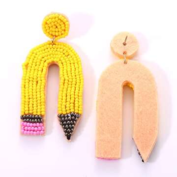 HZEYN Teacher Earrings Beaded Rainbow Pencil Drop Dangle Earrings Teacher Appreciation Gifts Back To Jewelry for Women(Yellow)