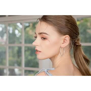 Sterling Silver Hoops Earrings for Women Medium, Polished 45mm Large Hoop Earring for Women