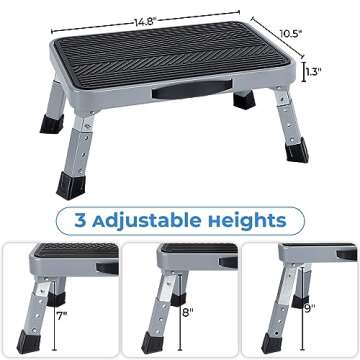 Height-Adjustable 7"- 9" Folding Step Stool with Non-Slip Platform 10" x 15" - Portable Step Ladder ...