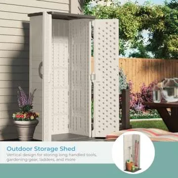 Suncast Vertical Outdoor Storage Shed with Reinforced Floor, Lockable Double Doors, All-Weather Construction, and Multi-Wall Panels, Vanilla