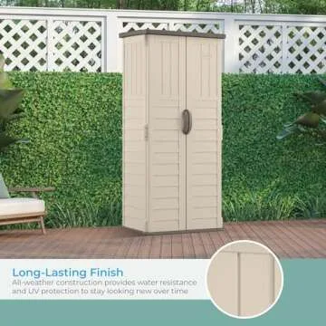 Suncast Vertical Outdoor Storage Shed with Reinforced Floor, Lockable Double Doors, All-Weather Construction, and Multi-Wall Panels, Vanilla