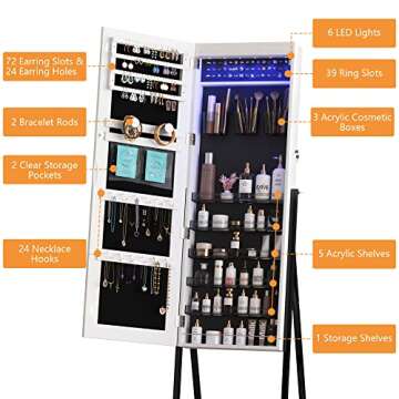 LVSOMT 6 LED Standing Jewelry Mirror Cabinet, Jewelry Armoire Storage Organizer, Full Length Mirror Floor Mirror with Jewelry Storage, Lockable Stand, Large Box, Iron Legs, Bottom Shelf, White