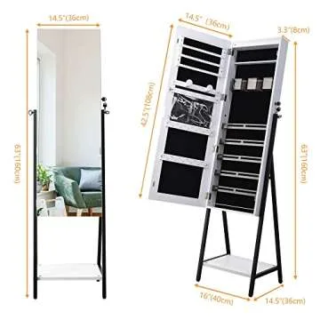 LVSOMT 6 LED Standing Jewelry Mirror Cabinet, Jewelry Armoire Storage Organizer, Full Length Mirror Floor Mirror with Jewelry Storage, Lockable Stand, Large Box, Iron Legs, Bottom Shelf, White