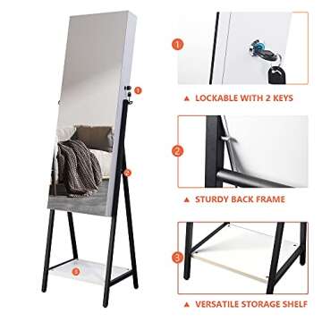 LVSOMT 6 LED Standing Jewelry Mirror Cabinet, Jewelry Armoire Storage Organizer, Full Length Mirror Floor Mirror with Jewelry Storage, Lockable Stand, Large Box, Iron Legs, Bottom Shelf, White