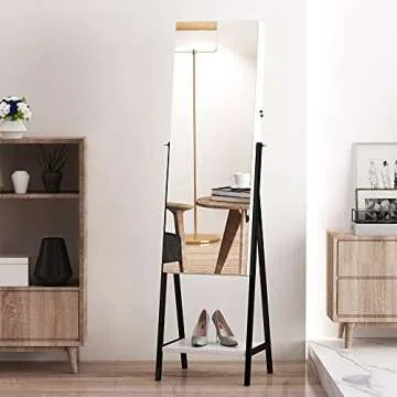 LVSOMT 6 LED Standing Jewelry Mirror Cabinet, Jewelry Armoire Storage Organizer, Full Length Mirror Floor Mirror with Jewelry Storage, Lockable Stand, Large Box, Iron Legs, Bottom Shelf, White