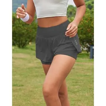 PINSPARK High Waisted Running Sporty Shorts Double Layer Shorts Women Athletic Spandex Sport Shorts for Workout Graphite Gray M