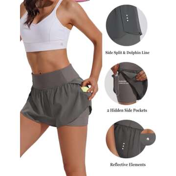 PINSPARK High Waisted Running Sporty Shorts Double Layer Shorts Women Athletic Spandex Sport Shorts for Workout Graphite Gray M