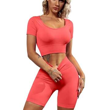 QINSEN Seamless Workout Sets Cropped Tops for Women Ribbed 2 Piece Yoga Outfits Active Sport Shorts Red S