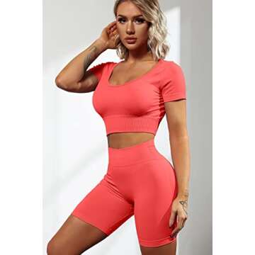 QINSEN Seamless Workout Sets Cropped Tops for Women Ribbed 2 Piece Yoga Outfits Active Sport Shorts Red S