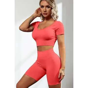 QINSEN Seamless Workout Sets Cropped Tops for Women Ribbed 2 Piece Yoga Outfits Active Sport Shorts Red S
