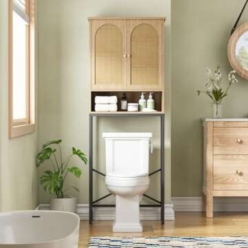 Vabches Over The Toilet Storage Cabinet with Metal Frame & Rattan Doors, Bathroom Organizer Over Toilet, Space-Saving Tall Toilet Rack/Shelf, Rattan Toilet Cabinet for Restroom, Laundry, Natural