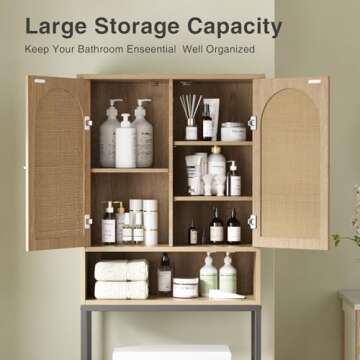 Vabches Over The Toilet Storage Cabinet with Metal Frame & Rattan Doors, Bathroom Organizer Over Toilet, Space-Saving Tall Toilet Rack/Shelf, Rattan Toilet Cabinet for Restroom, Laundry, Natural
