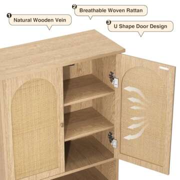 Vabches Over The Toilet Storage Cabinet with Metal Frame & Rattan Doors, Bathroom Organizer Over Toilet, Space-Saving Tall Toilet Rack/Shelf, Rattan Toilet Cabinet for Restroom, Laundry, Natural