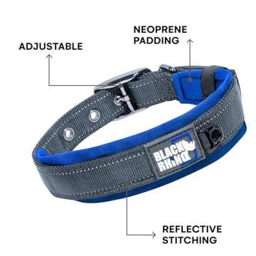 Black Rhino Reflective Dog Collar - Heavy Duty Adjustable Comfort Collar with Ultra Soft Neoprene Padding for All Breeds - Weatherproof, Lightweight Dog Collars for Large Dogs (Large, Blue/Grey)