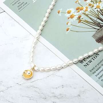 wgoud Natural Freshwater Pearl Choker Necklace for Women, Trendy 14K Gold Plated Handmade Pearl Necklaces Jewelry Gift (Necklace G)