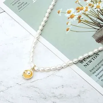 wgoud Natural Freshwater Pearl Choker Necklace for Women, Trendy 14K Gold Plated Handmade Pearl Necklaces Jewelry Gift (Necklace G)