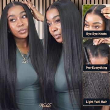 Nadula Bye Bye Knots Glueless Wig Yaki Straight Human Hair Pre Cut 7x5 Invisible Knots HD Lace Front Put on and Go Wigs Pre Plucked Pre Bleached No Glue 180% Density 18inch