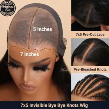 Nadula Bye Bye Knots Glueless Wig Yaki Straight Human Hair Pre Cut 7x5 Invisible Knots HD Lace Front Put on and Go Wigs Pre Plucked Pre Bleached No Glue 180% Density 18inch