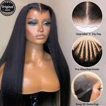 Nadula Bye Bye Knots Glueless Wig Yaki Straight Human Hair Pre Cut 7x5 Invisible Knots HD Lace Front Put on and Go Wigs Pre Plucked Pre Bleached No Glue 180% Density 18inch