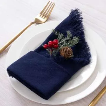 DeZerlor 6 Pack Navy Blue Cotton Linen Napkins with Fringe Spring Cloth Napkins Set of 6 Boho Handmade Dinner Easter Napkins Bulk for Navy Bridal Shower Wedding Baby Shower, 17 x 17 Inches